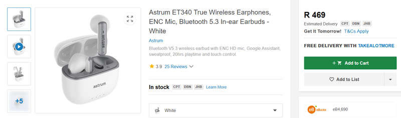 Astrum ET340 True Wireless Earphones, ENC Mic, Bluetooth 5.3 In-ear Earbuds - White