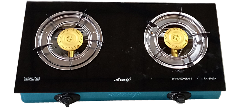 Two Burner Auto Ignition Tempered Glass Gas Stove, removable integrated control knobs