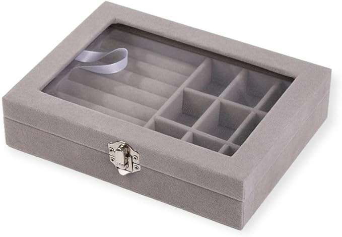 Flannel Jewelry Box with 9 Grids & Ring Compartment Clear Lid Jewelry Box Grey