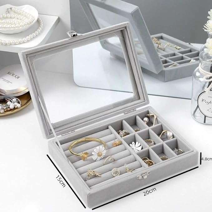 Flannel Jewelry Box with 9 Grids & Ring Compartment Clear Lid Jewelry Box Grey