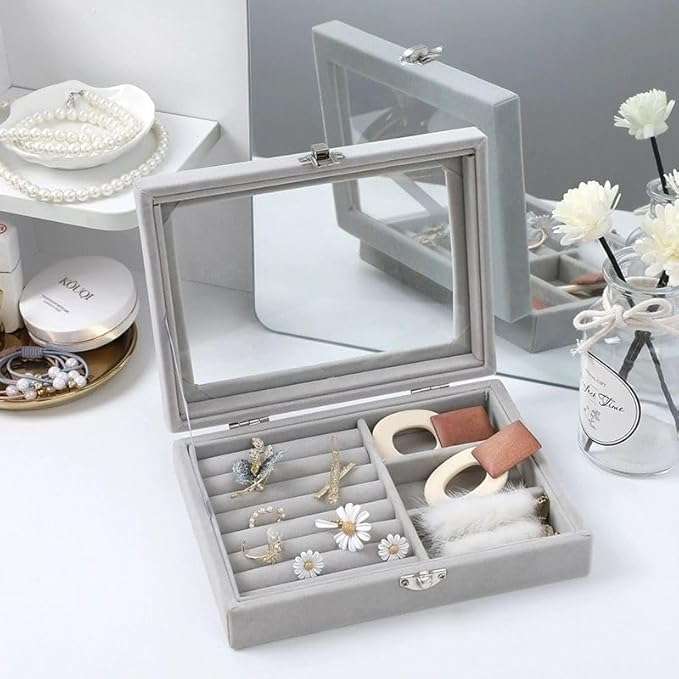 Flannel Jewelry Box with 9 Grids & Ring Compartment Clear Lid Jewelry Box Grey