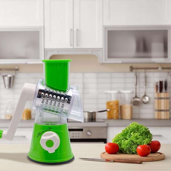 3 in 1 Tabletop drum rotary grater, with 3 blades, quickly and easily grate, slice and shred