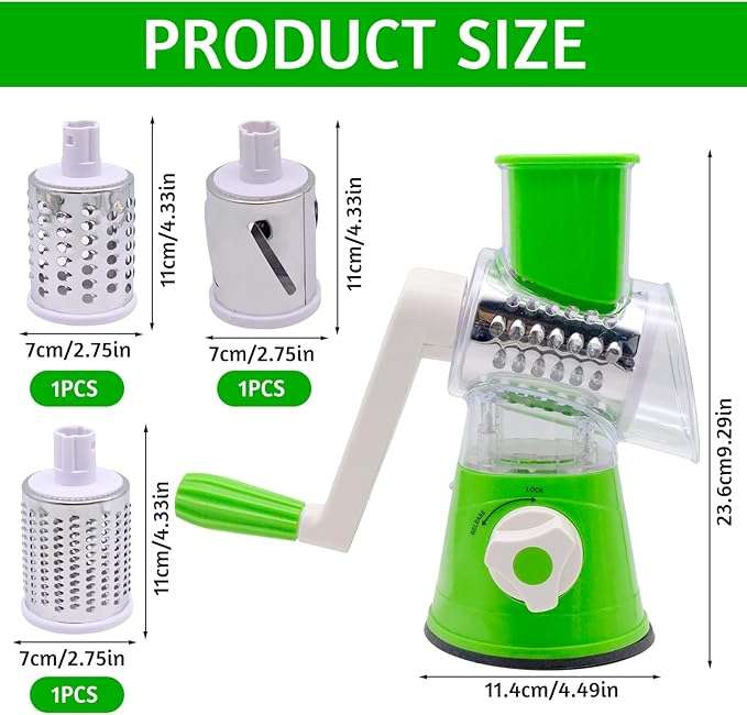 3 in 1 Tabletop drum rotary grater, with 3 blades, quickly and easily grate, slice and shred