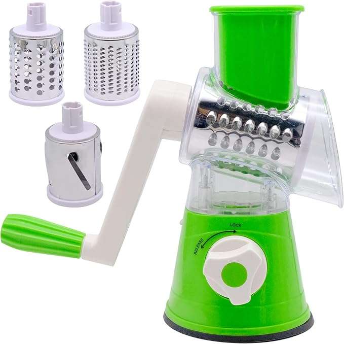 3 in 1 Tabletop drum rotary grater, with 3 blades, quickly and easily grate, slice and shred