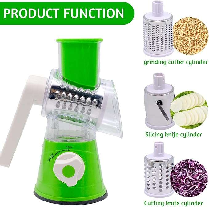 3 in 1 Tabletop drum rotary grater, with 3 blades, quickly and easily grate, slice and shred