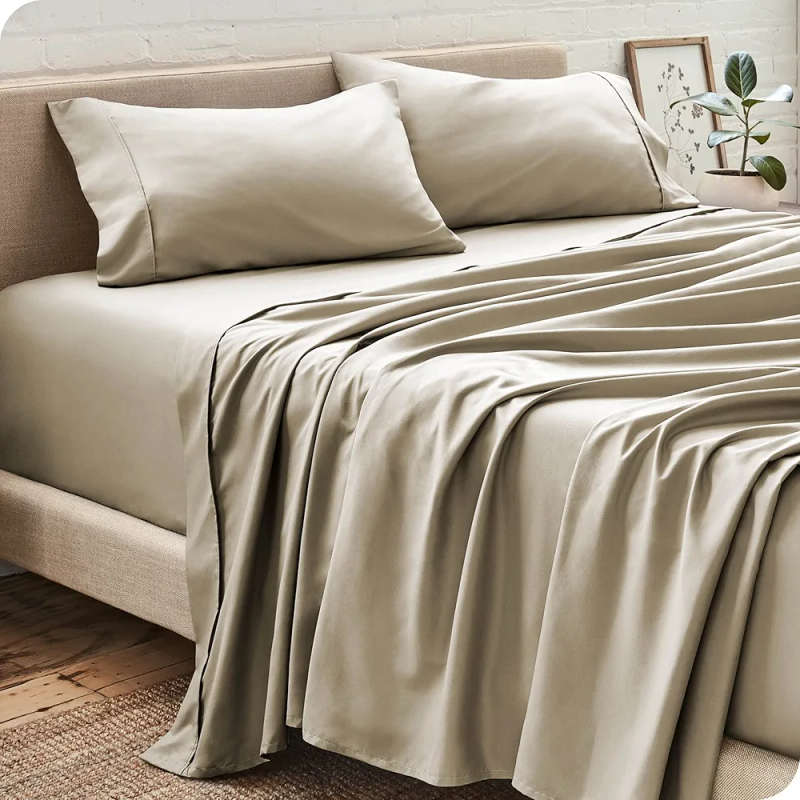 4pc Queen 100% Cotton Sheet Set, 1 Flat Sheet, 1 Fitted Sheet and 2 Pillowcases, Beige/Natural