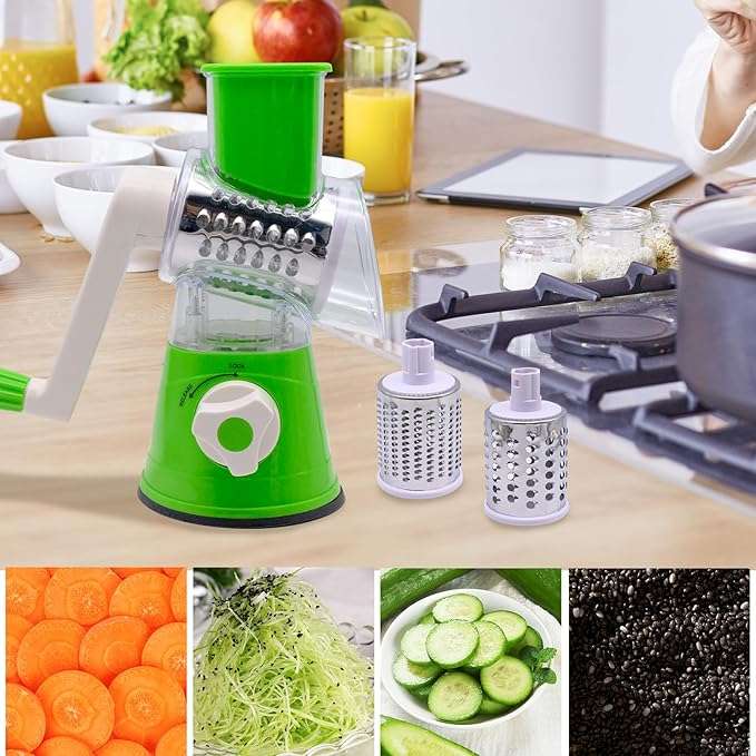 3 in 1 Tabletop drum rotary grater, with 3 blades, quickly and easily grate, slice and shred