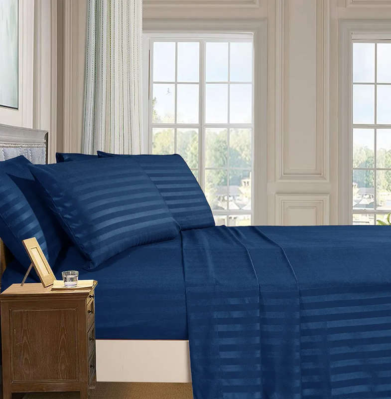 4pc Queen Sheet Set, includes 1 Flat sheet, 1 Fitted sheet and 2 Std pillowcases, Navy Blue Lined