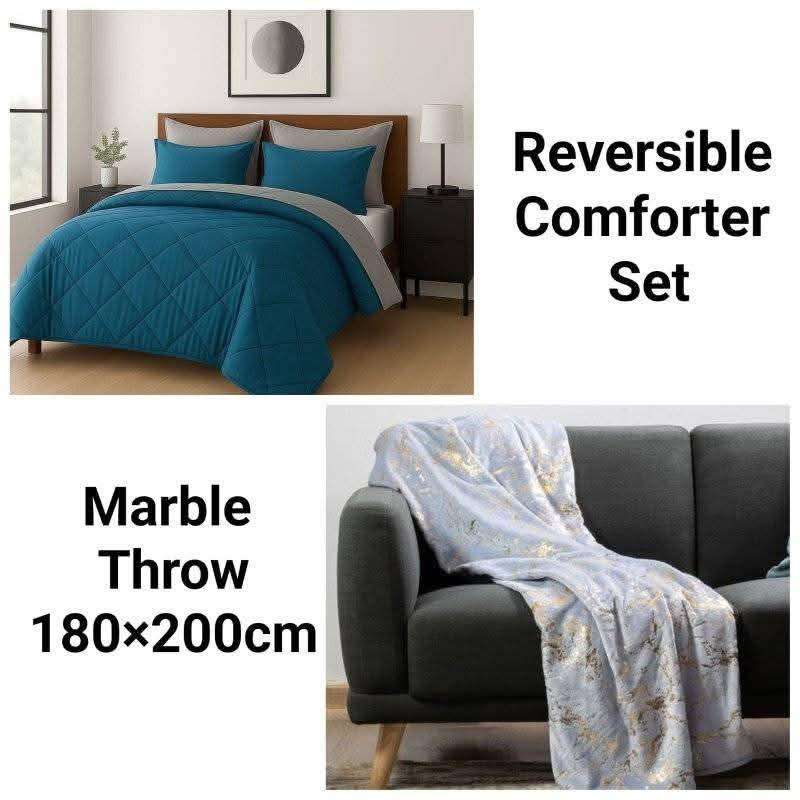 6Pc Reversible Comforter Set, Queen Size, with Marble Blanket, also in Dbl size, choose your colors