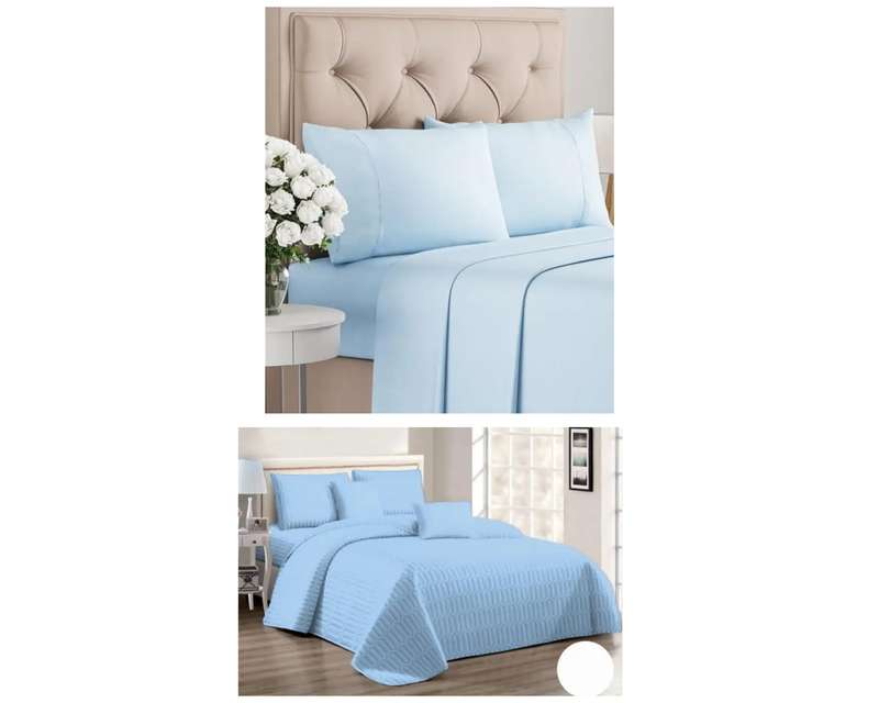 9Pc Queen Bed Set, with 5Pc Baby Blue Queen Bedspread Set, and 4Pc Baby Blue Sheet Set (Queen)