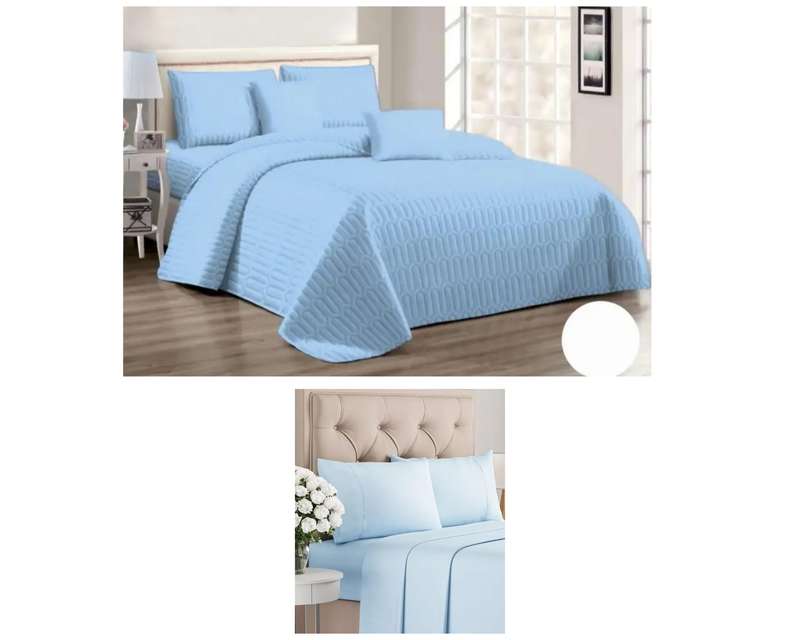 9Pc Queen Bed Set, with 5Pc Baby Blue Queen Bedspread Set, and 4Pc Baby Blue Sheet Set (Queen)