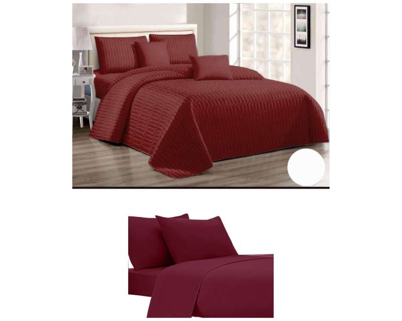 9Pc Bed Set, with 5Pc Maroon Bedspread Set, and 4Pc Maroon Sheet Set (Queen or Double)
