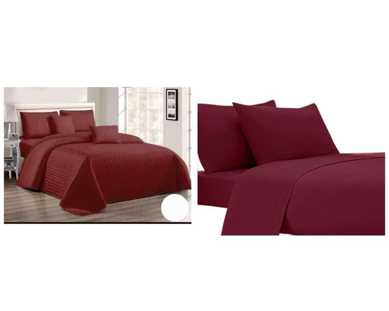 9Pc Bed Set, with 5Pc Maroon Bedspread Set, and 4Pc Maroon Sheet Set (Queen or Double)