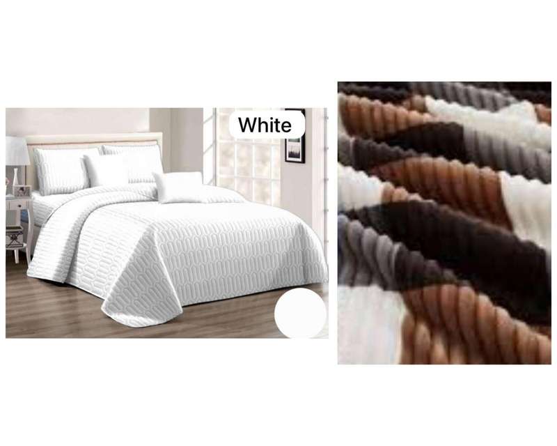 6Pc White Queen Set, with Sherpa Wool Large Blanket, also in Double size