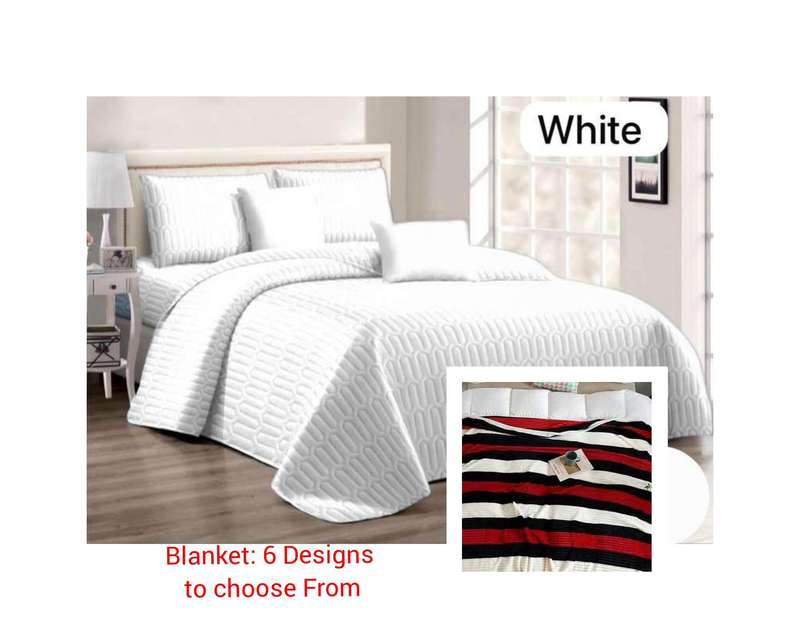 6Pc White Queen Set, with Fleece Blanket (choose color), also in Double size