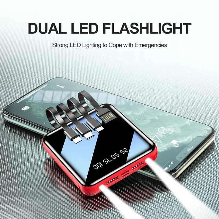 20 000mAh 4 In 1 Cable Power Bank, Portable, Mirror Face, Superfast Charging, Dual LED Flashlight