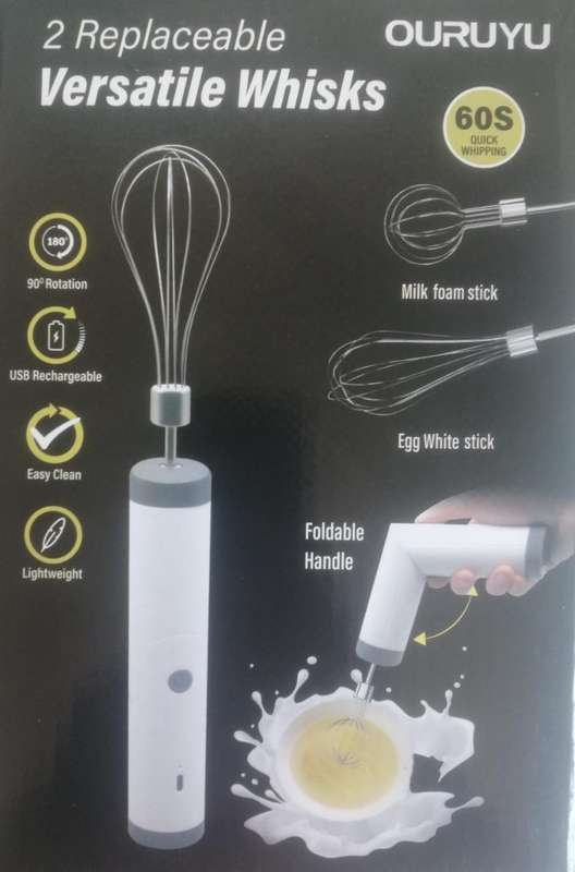 Portable rechargeable wireless whisk, foldable handle, includes 2 whisks, 60s quick whipping