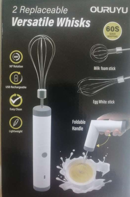 Portable rechargeable wireless whisk, foldable handle, includes 2 whisks, 60s quick whipping