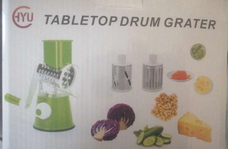 3 in 1 Tabletop drum rotary grater, with 3 blades, quickly and easily grate, slice and shred