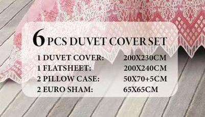 6pc Queen set, duvet cover, flat sheet, 2 standard pillow cases, 2 scatter cushion cases, latte pink