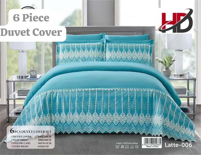 6pc Queen set, duvet cover, flat sheet, 2 standard pillow cases, 2 scatter cushion cases, latte blue