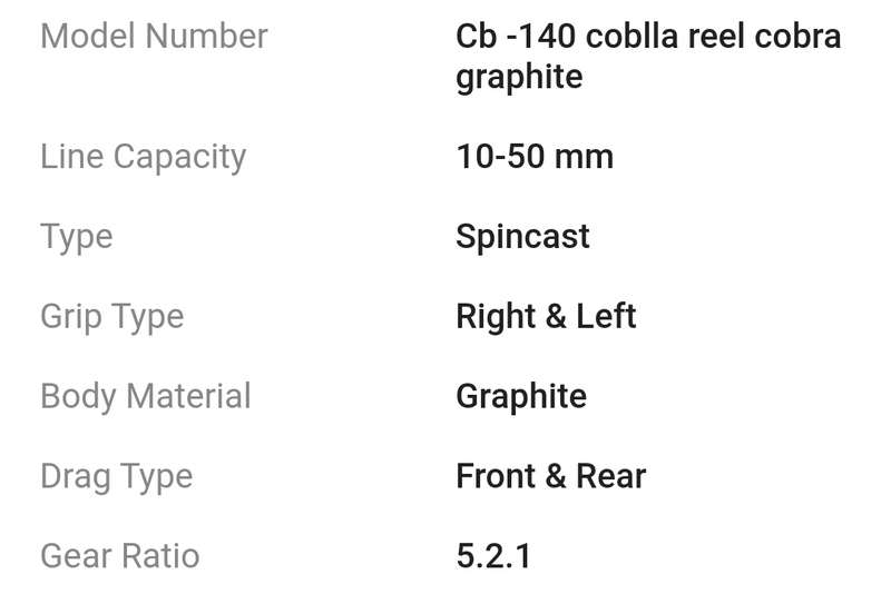 Fishing Reel Coblla CB340 Cobra Graphite Spincast, Gear ratio 5.2.1