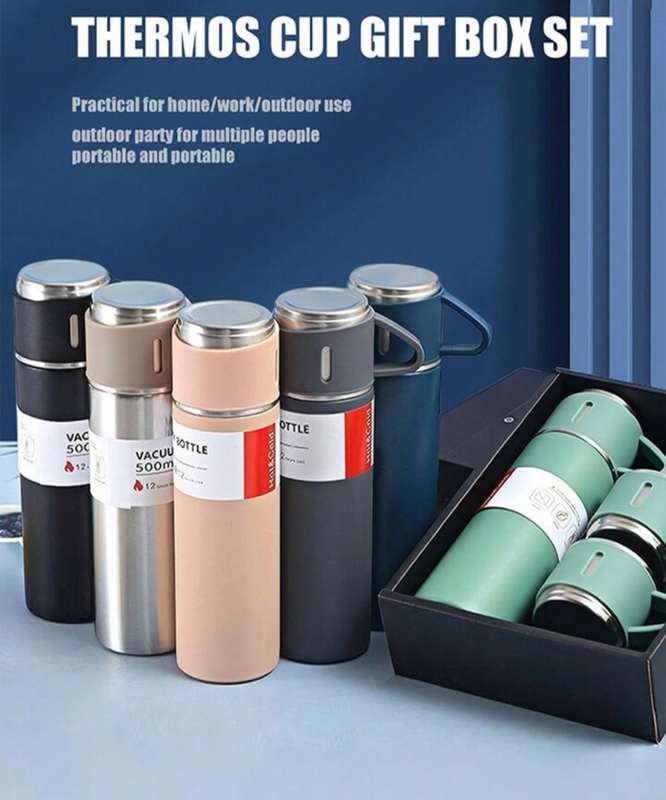 1set/500ml Stainless steel thermal mug set with cups - insulated, leakproof for hot & cold beverages