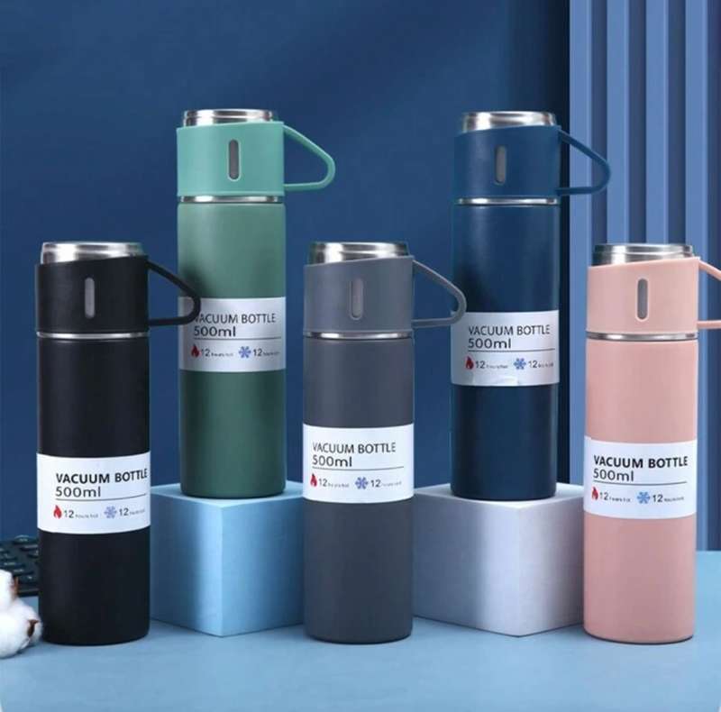 1set/500ml Stainless steel thermal mug set with cups - insulated, leakproof for hot & cold beverages