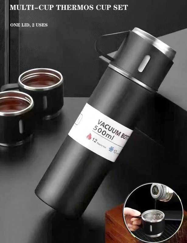 1set/500ml Stainless steel thermal mug set with cups - insulated, leakproof for hot & cold beverages