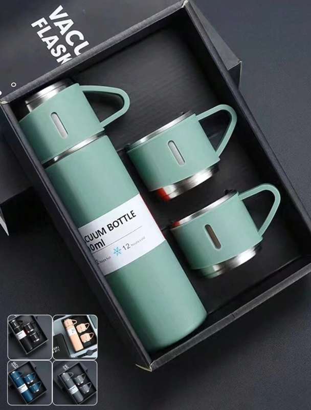 1set/500ml Stainless steel thermal mug set with cups - insulated, leakproof for hot & cold beverages