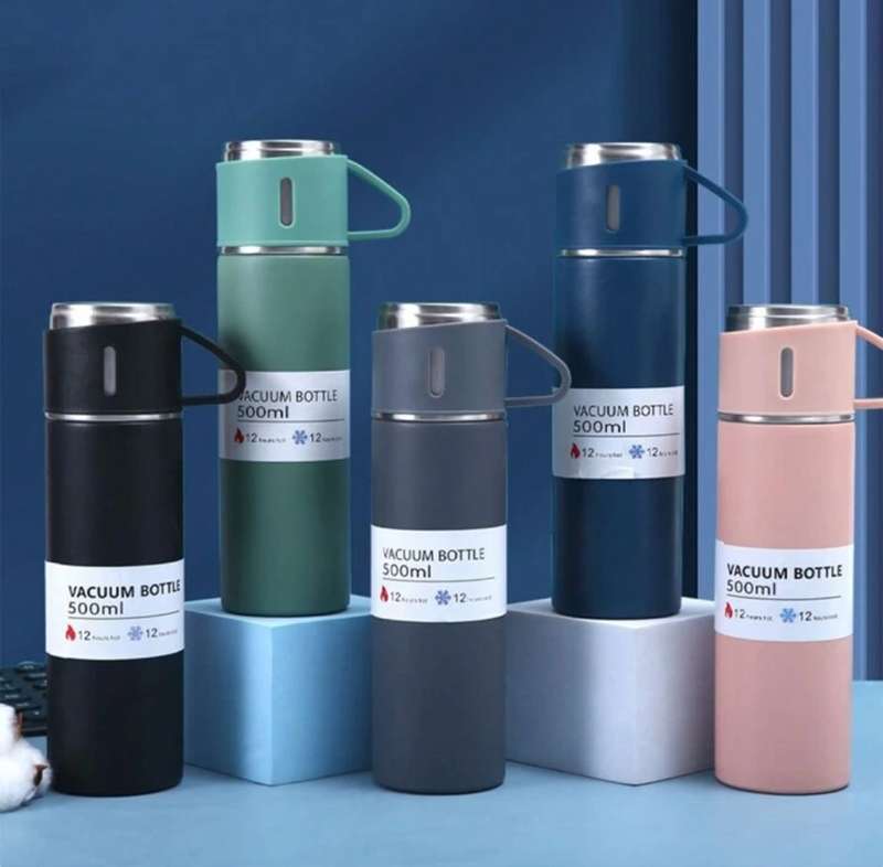 1set/500ml Stainless steel thermal mug set with cups - insulated, leakproof for hot & cold beverages