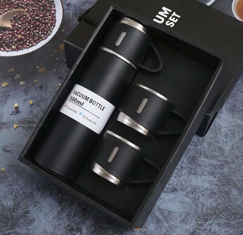 1set/500ml Stainless steel thermal mug set with cups - insulated, leakproof for hot & cold beverages