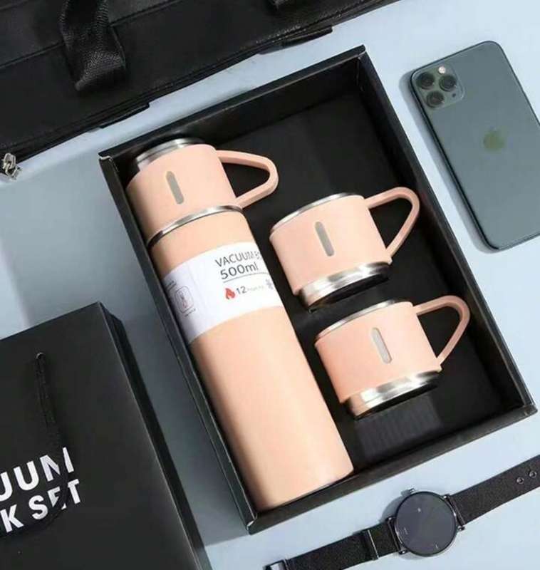 1set/500ml Stainless steel thermal mug set with cups - insulated, leakproof for hot & cold beverages