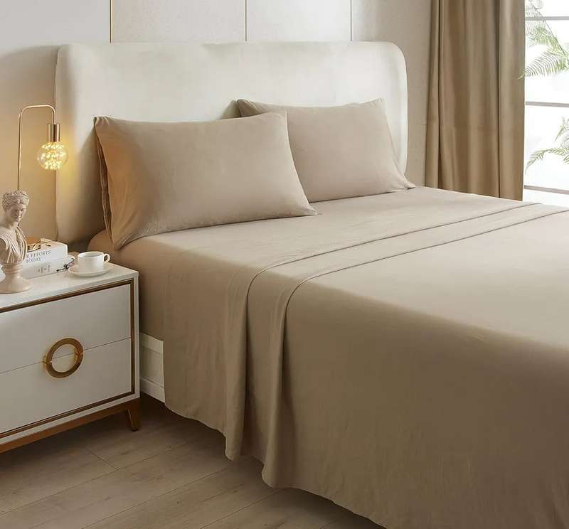 4pc Queen 100% Cotton Sheet Set, 1 Flat Sheet, 1 Fitted Sheet and 2 Pillowcases, Beige/Natural