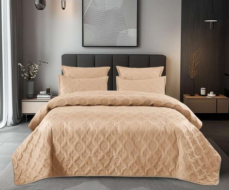 5Pc Embossed Cotton Queen Quilt Set, 2 Standard Pillowcases, 2 Continental Pillowcases, Dark Beige