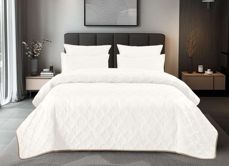 5Pc Embossed Cotton Queen Quilt Set, 2 Standard Pillowcases, 2 Continental Pillowcases, White
