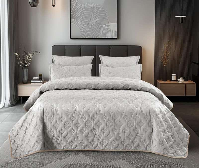 5Pc Embossed Cotton Queen Quilt Set, 2 Standard Pillowcases, 2 Continental Pillowcases, Grey