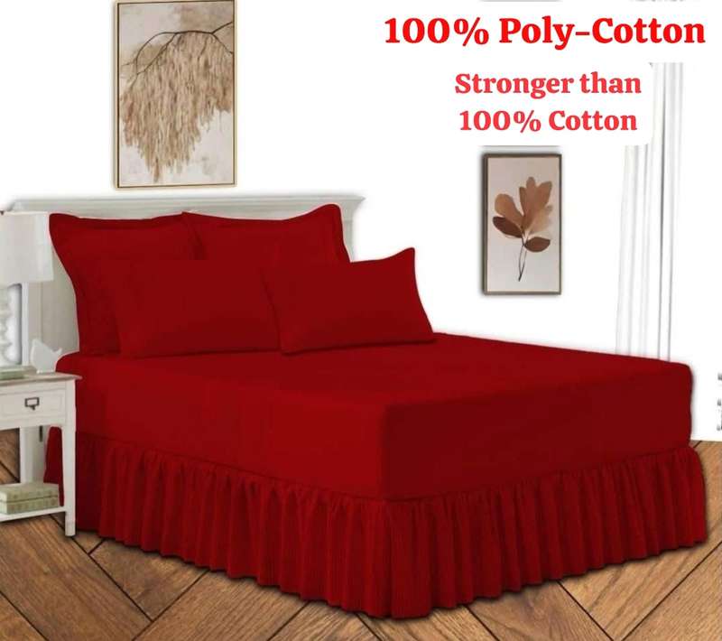 Queen 5Pc Poly-Cotton 2in1 Frilled Sheet Set, 1x Sheet, 2x Standard, 2x Conti Pillowcases - Red