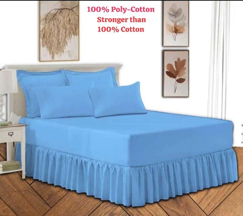 Queen 5Pc Poly-Cotton 2in1 Frilled Sheet Set, 1x Sheet, 2x Std, 2x Conti Pillowcases - Baby Blue