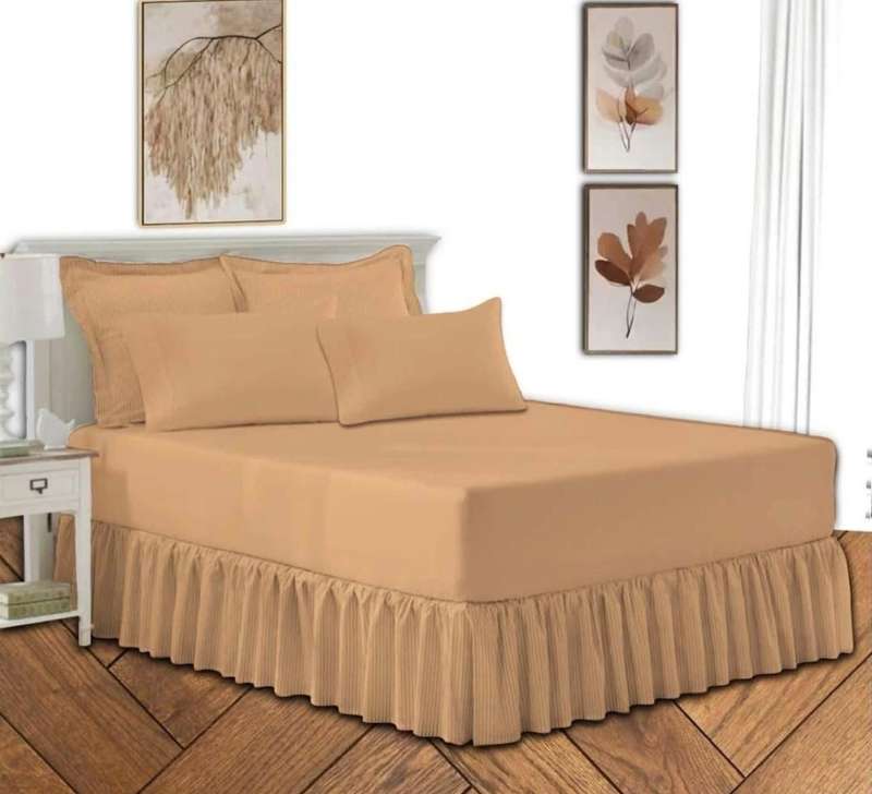 Double 5Pc Poly-Cotton 2in1 Frilled Sheet Set, 1 Sheet, 2 Standard, 2 Conti Pillowcases - Beige