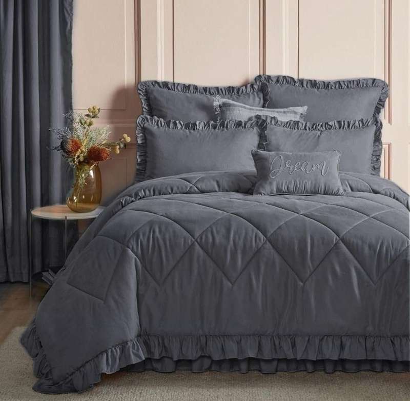 Queen 5Pc Frilled Comforter Set, Includes:  2x continental pillowcase, 2 Standard Pillowcases, Grey