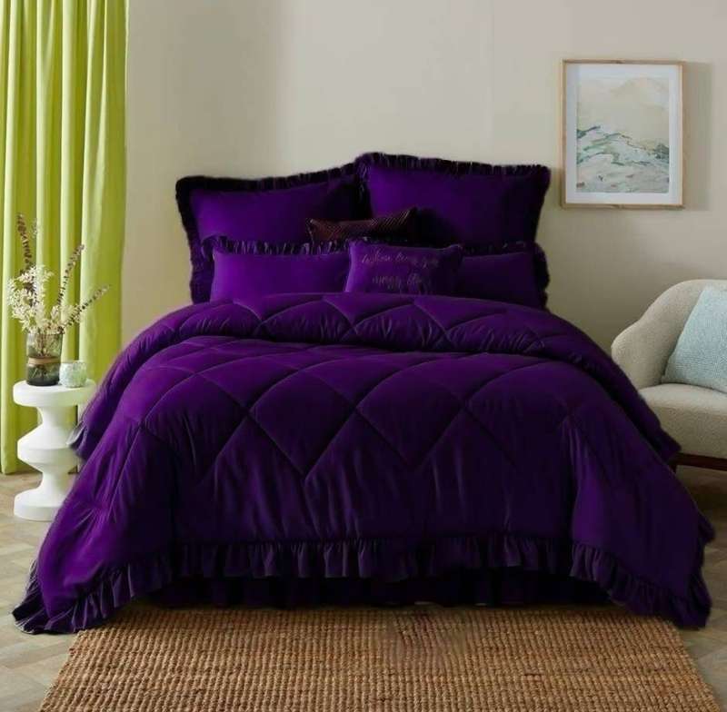 Queen 5Pc Frilled Comforter Set, Includes:  2 Continental pillowcase, 2 Standard Pillowcases, Purple