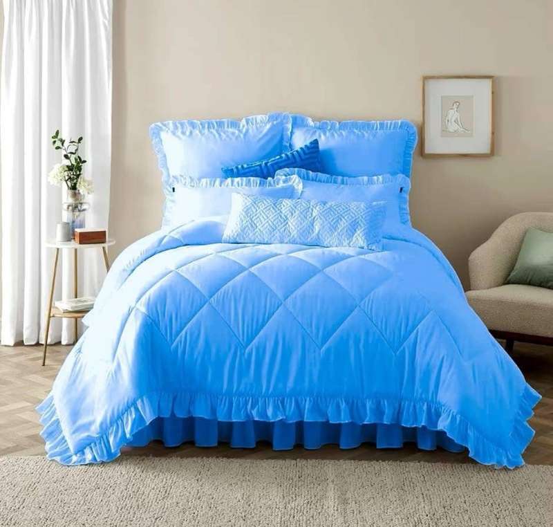Queen 5Pc Frilled Comforter Set, Includes:  2 Continental pillowcase, 2 Standard Pillowcases, Blue