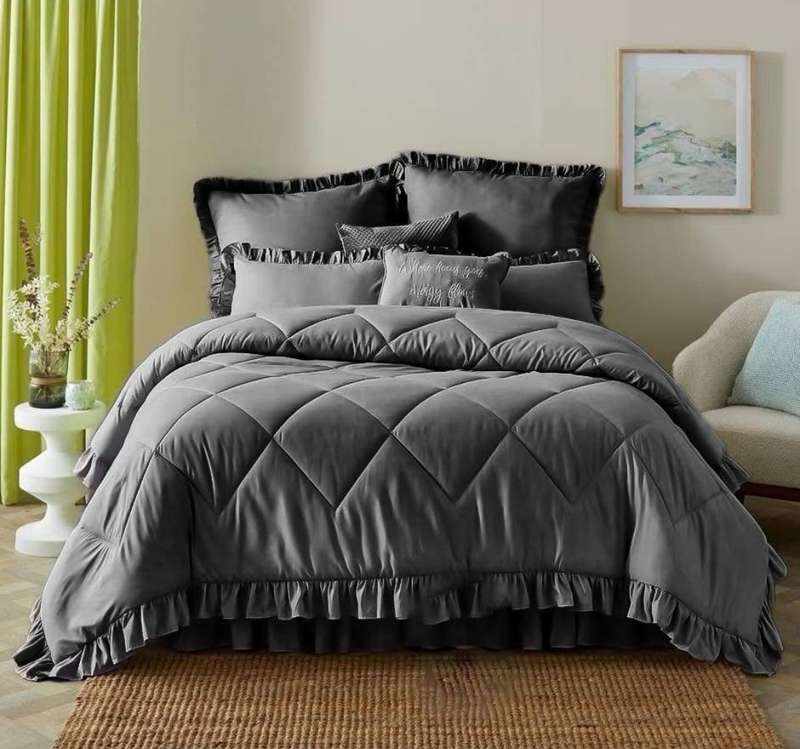 5Pc Queen Frilled Comforter Set - Grey