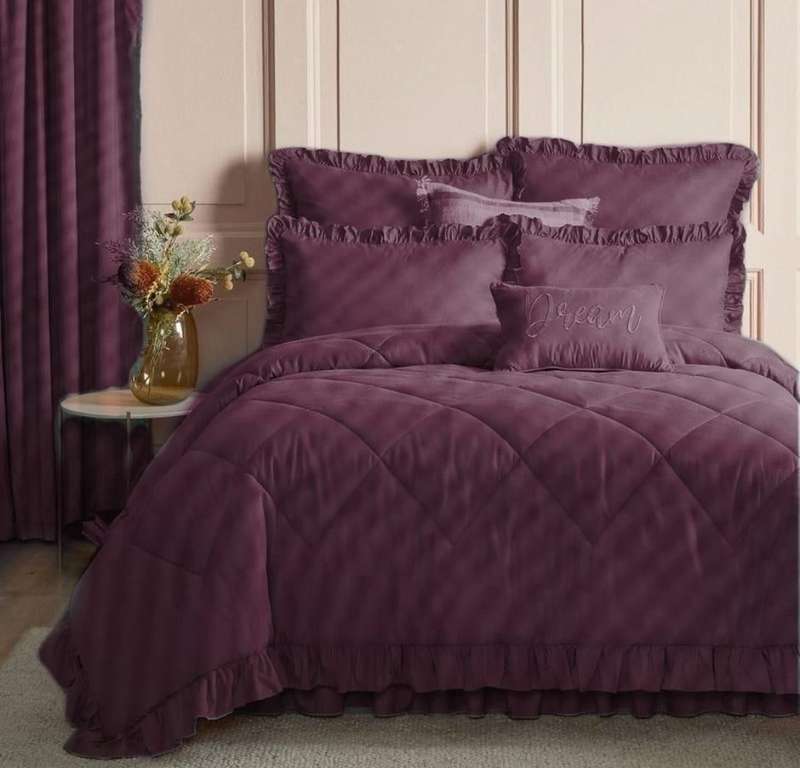 Queen 5Pc Frilled Comforter Set, Includes:  2 Continental pillowcase, 2 Standard Pillowcases, Purple