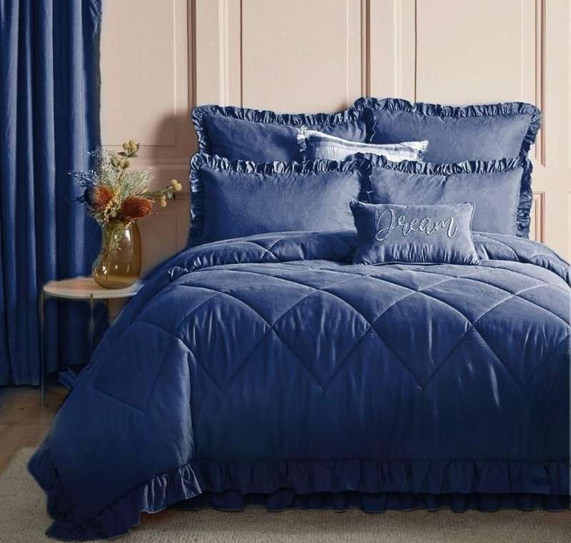 Queen 5Pc Frilled Comforter Set, Includes:  2 Continental pillowcase, 2 Standard Pillowcases, Navy