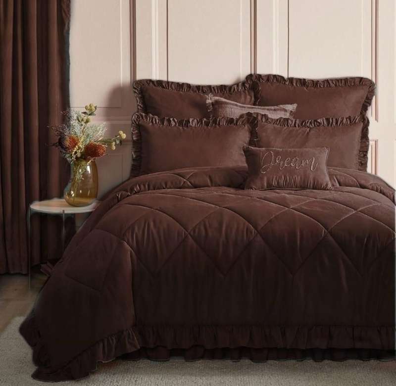 Queen 5Pc Frilled Comforter Set, Includes:  2 Continental pillowcase, 2 Standard Pillowcases, Brown