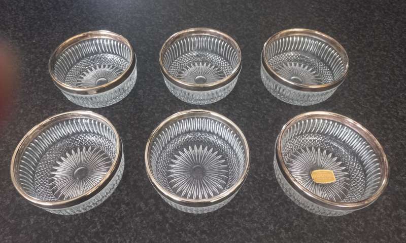 6X LEAD CRYSTAL FRUIT BOWLS WITH SILVER PLATED RING AROUND THE TOP - MADE IN ENGLAND