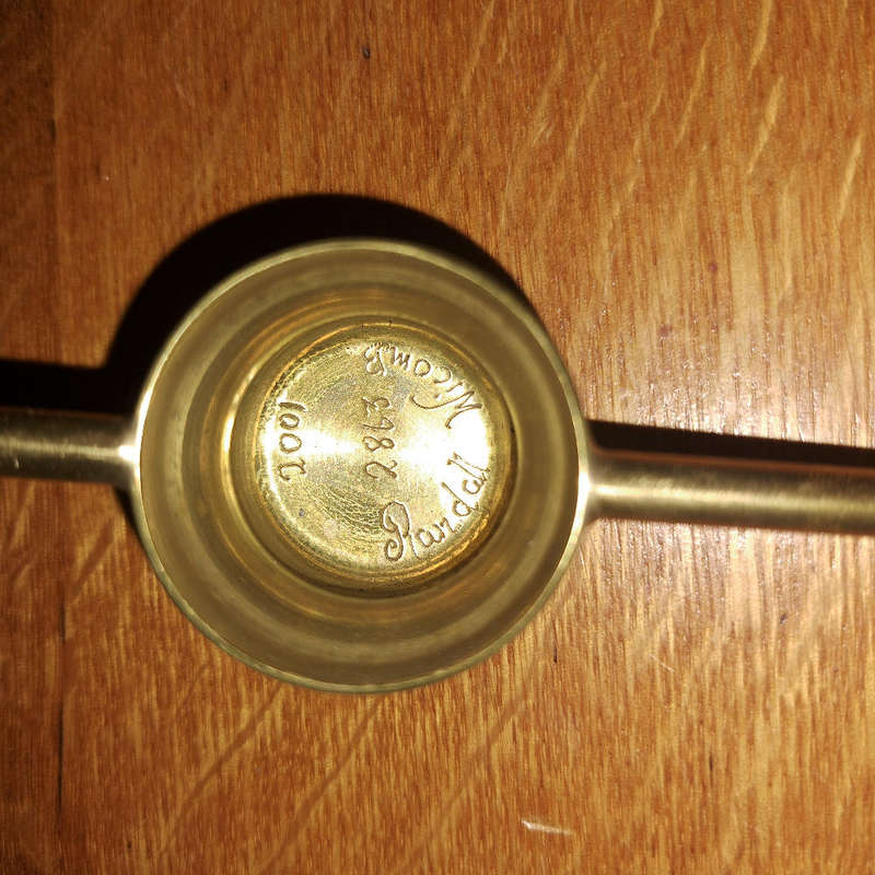 Brass tot measure made by Randall Wicomb in box