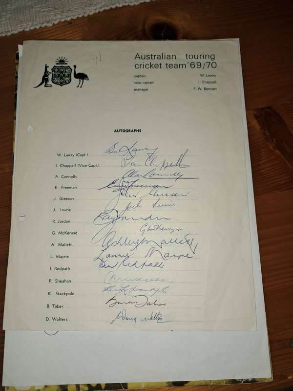 Signed Australian Cricket Team sheet 1970